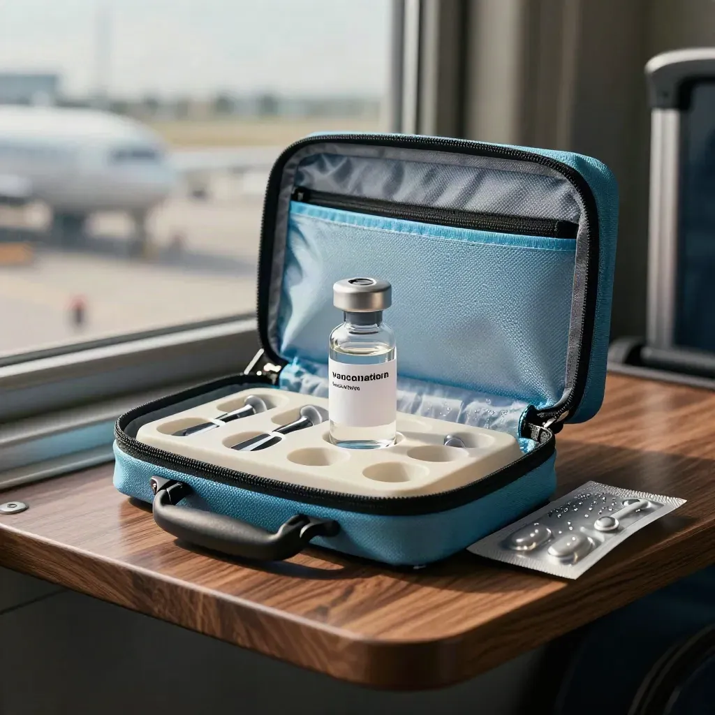 Travel vaccination kit with vials, swabs, insulated case and sky-blue pouch by airport light