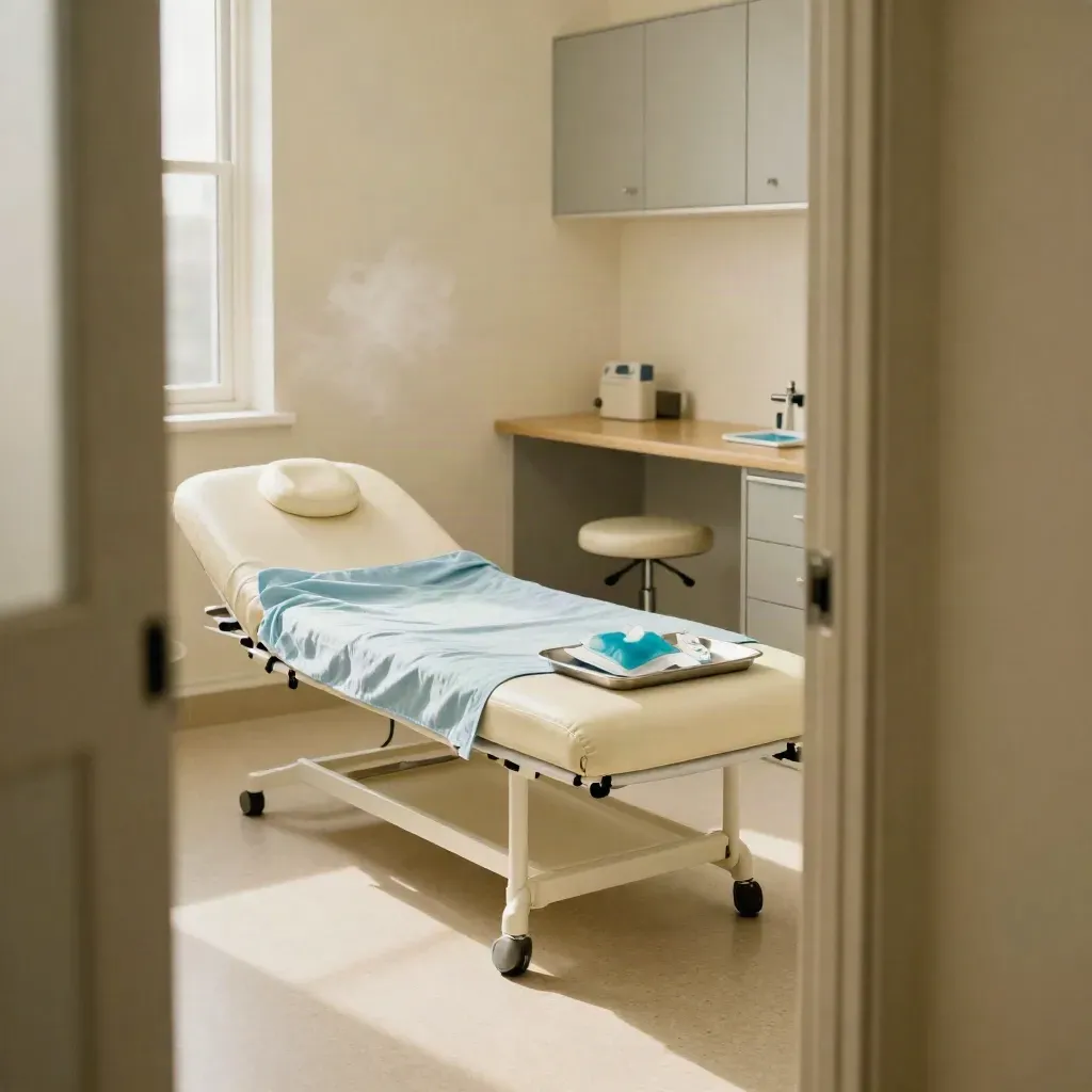Empty clinic exam room reset after fever care, with couch, tray, gel pack, and thermometer.
