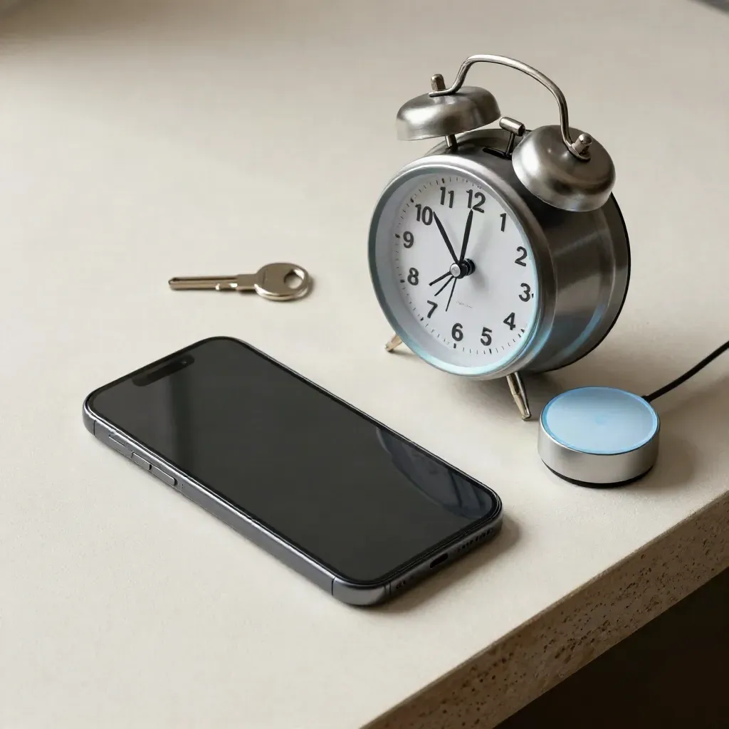 Face-down smartphone, alarm clock, key and charging cradle on pale plaster with soft blue glow.