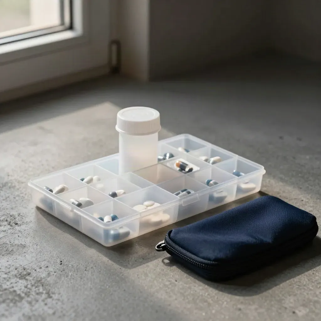 Medication organiser, prescription bottle, blister pack and navy pouch on concrete
