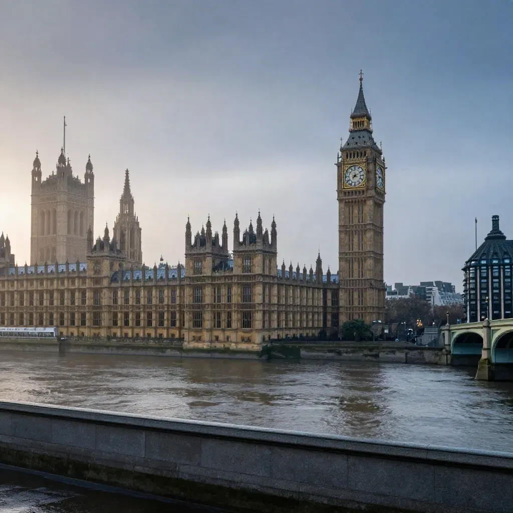 Westminster and the Thames in dawn mist above a calm river foreground