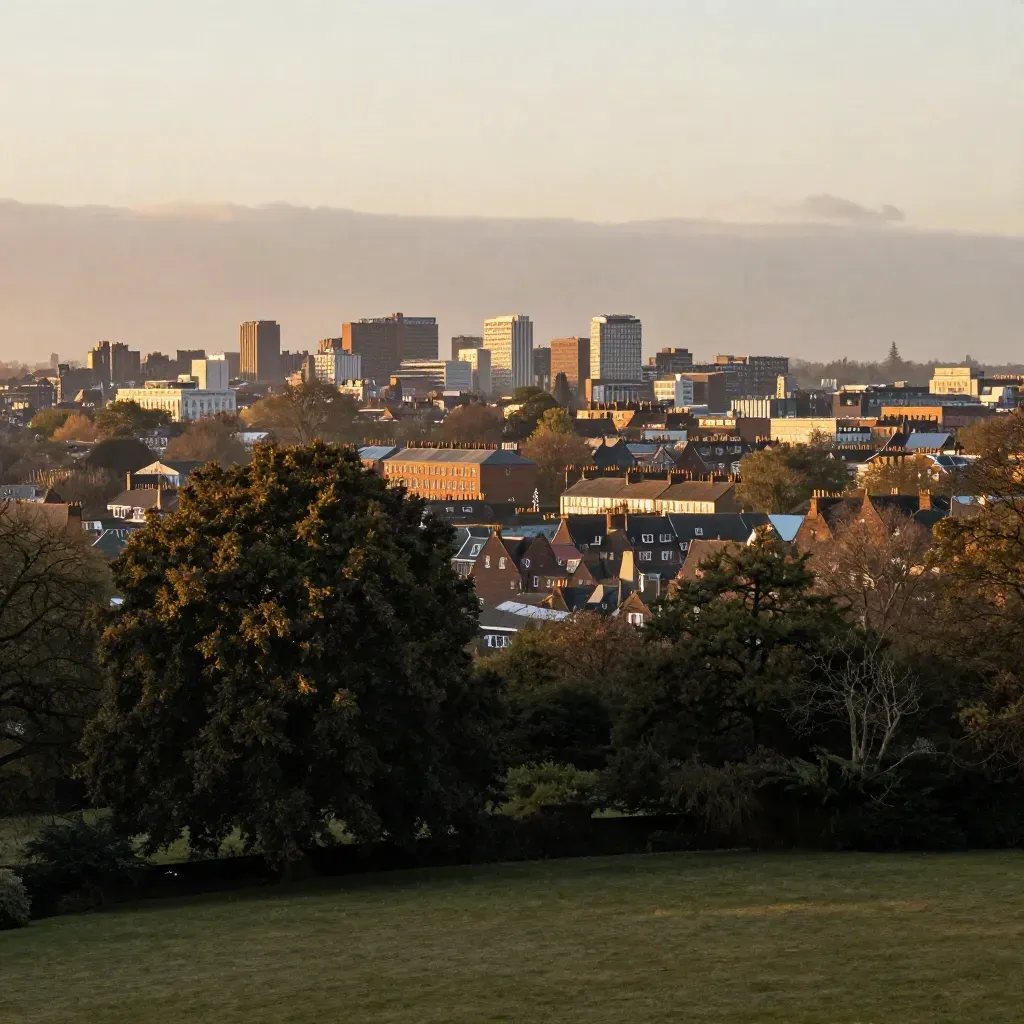 North London rooftops beyond Hampstead Heath under hazy evening light